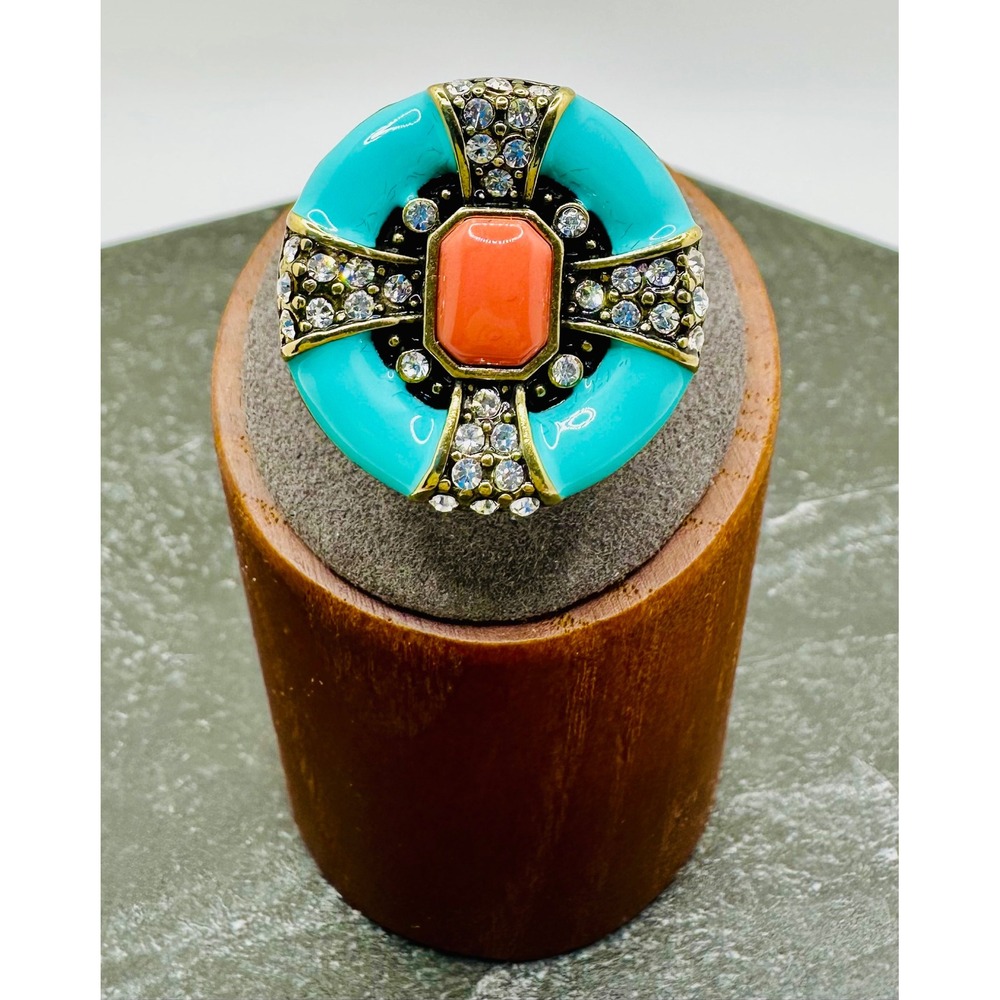 Rare Heidi Daus Newport Chic Bronzetone Turquoise Coral Color Enamel Ring Sz 6.5